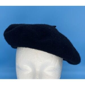 Lancome Paris Women's Black Wool Beret Hat Gold Script Embroidered One Size